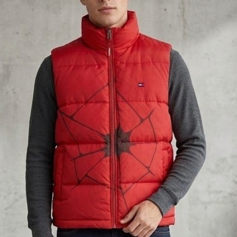Upcycled Tommy Hilfiger Puffer Vest Red Customized Spiderweb Spiderman Halloween